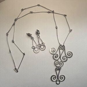 Vintage Long Silver Spiral Swirl Pendant Statement Necklace Clip-On Earrings Set